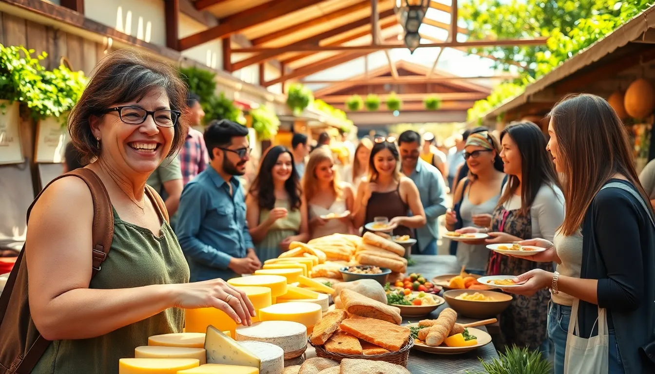 diverse travelers enjoying local food at a vibrant market.