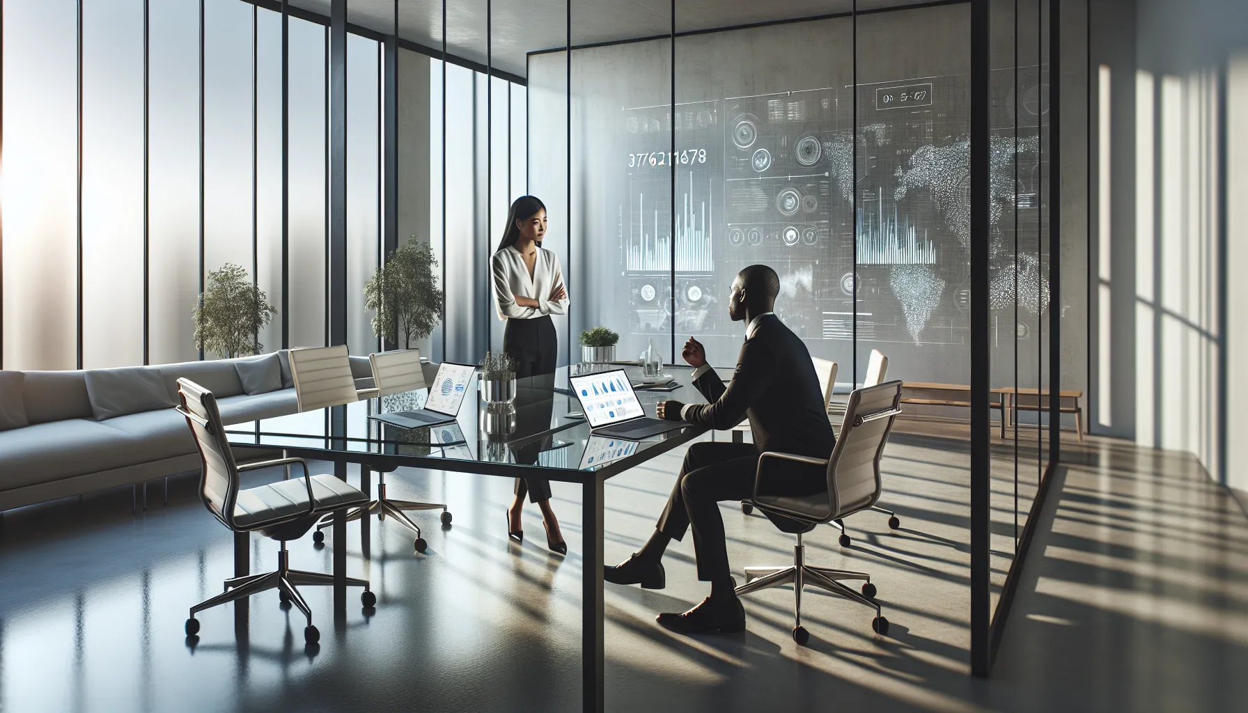 diverse team discussing data in a modern office.