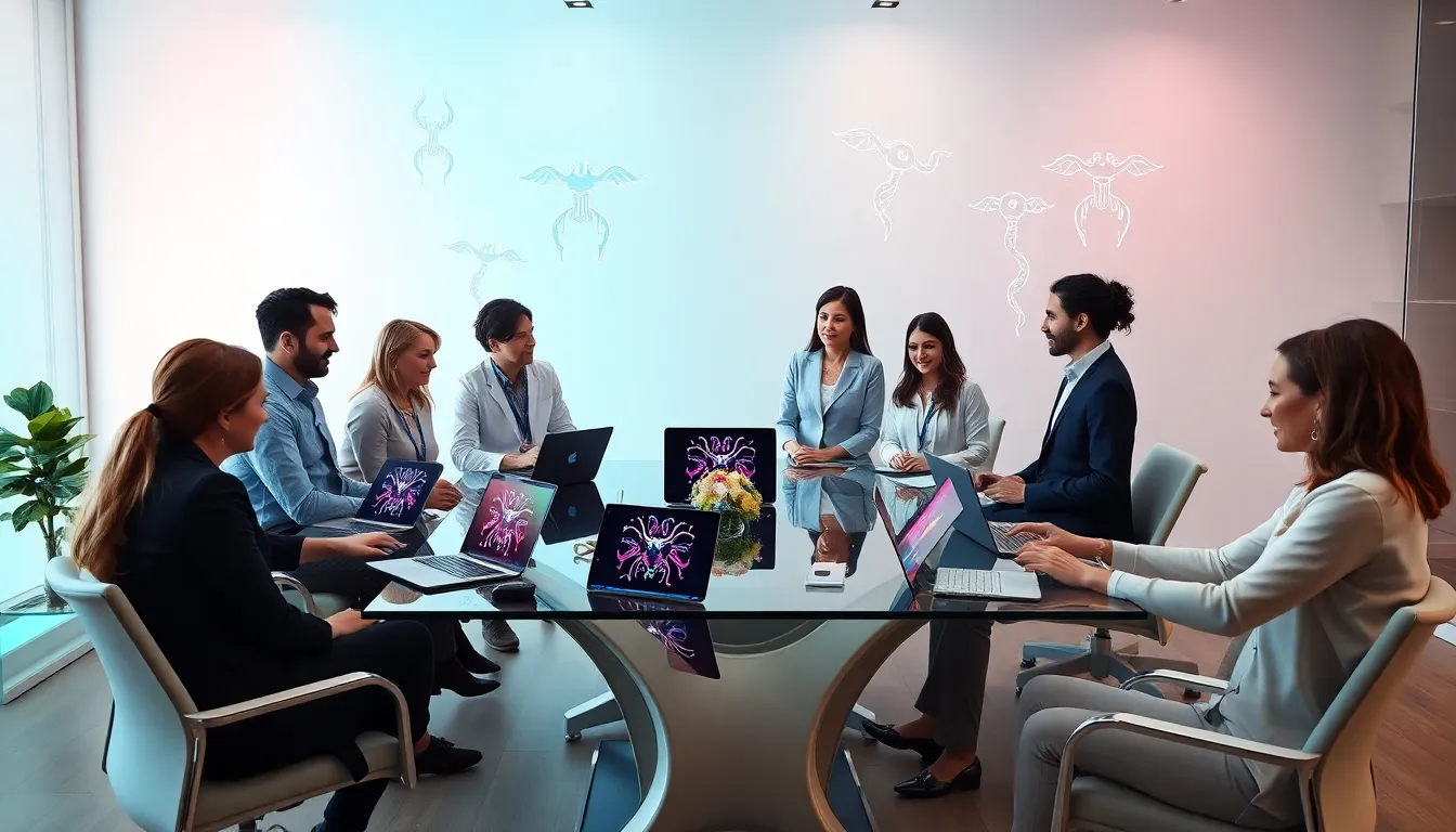 diverse team discussing hormone wellness in a modern office.