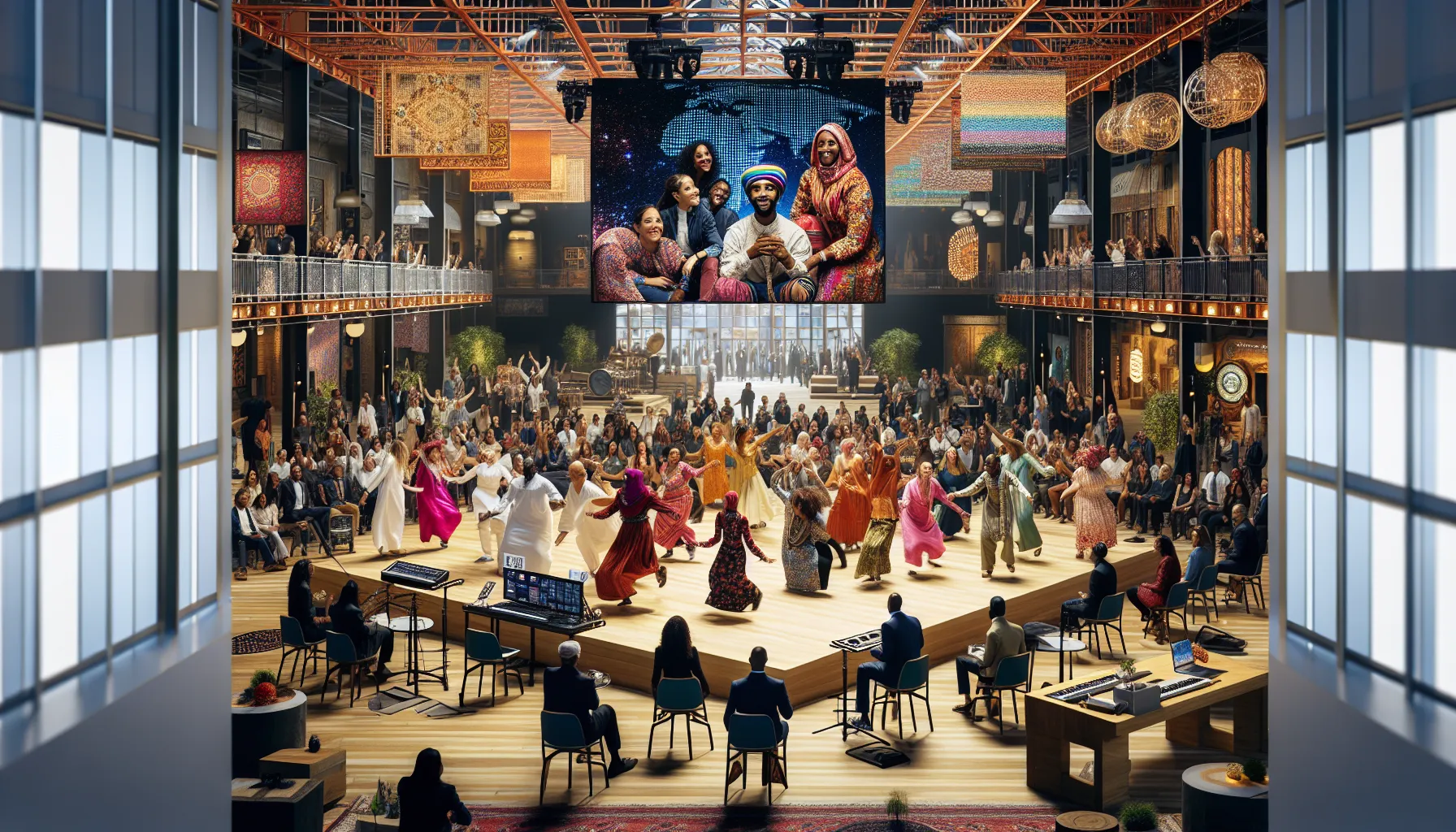 diverse group celebrating cultural expressions in a modern venue.