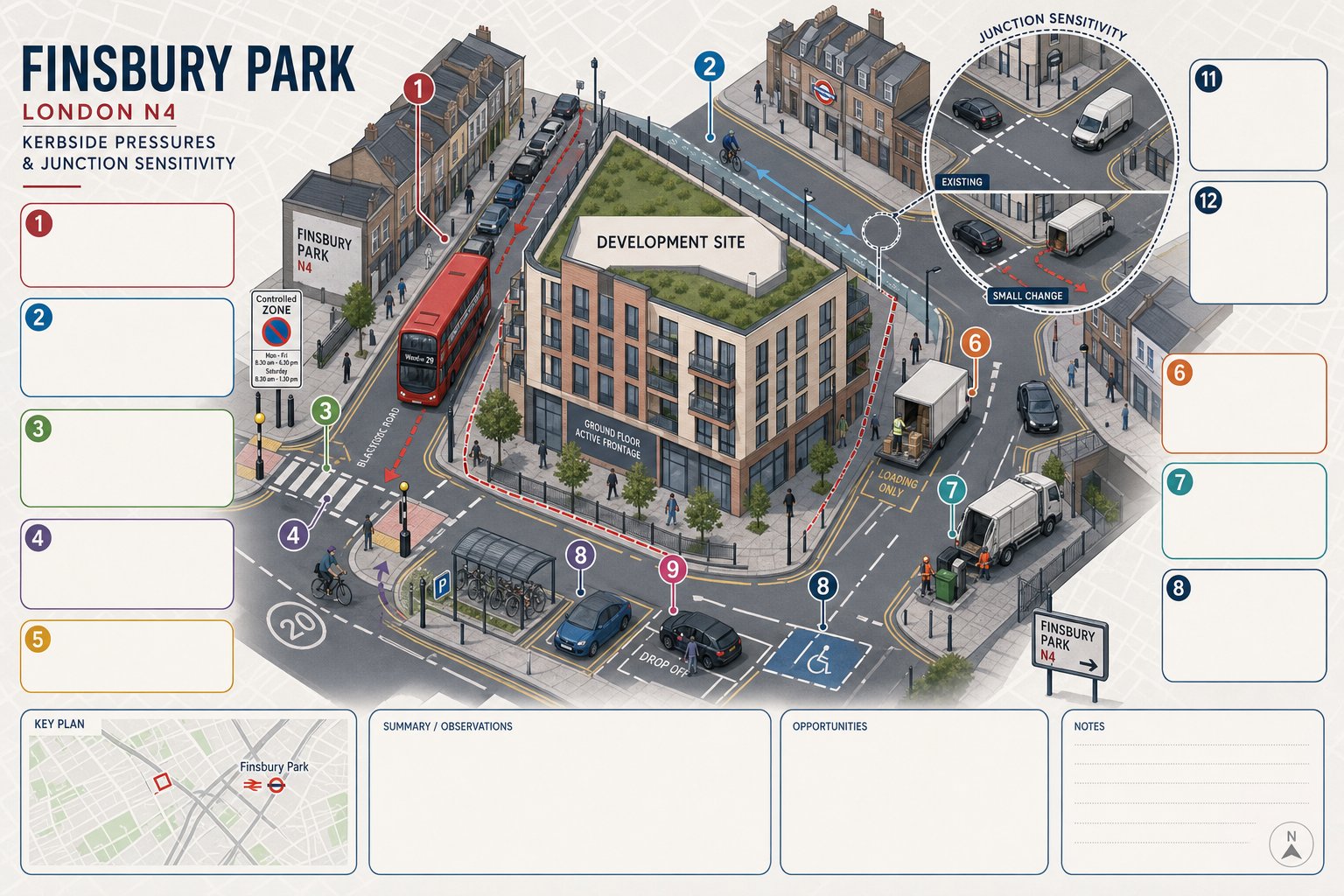 Infographic of transport and kerbside issues affecting a Finsbury Park site.