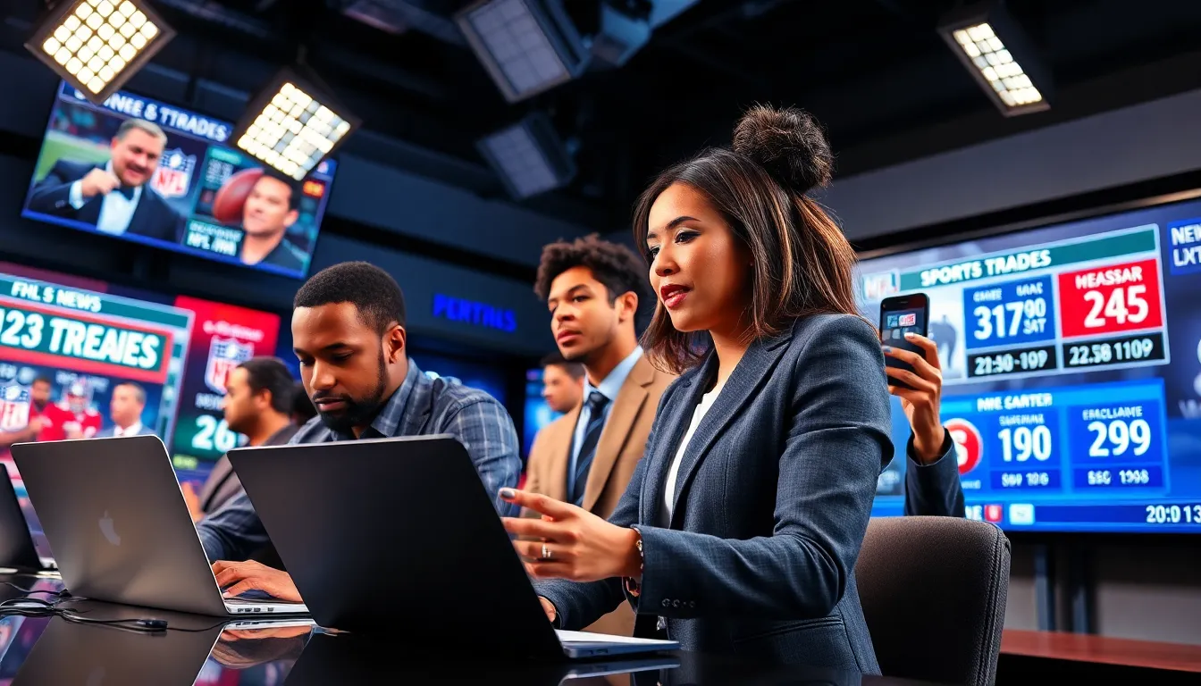 a diverse team of sports journalists working in a busy newsroom.