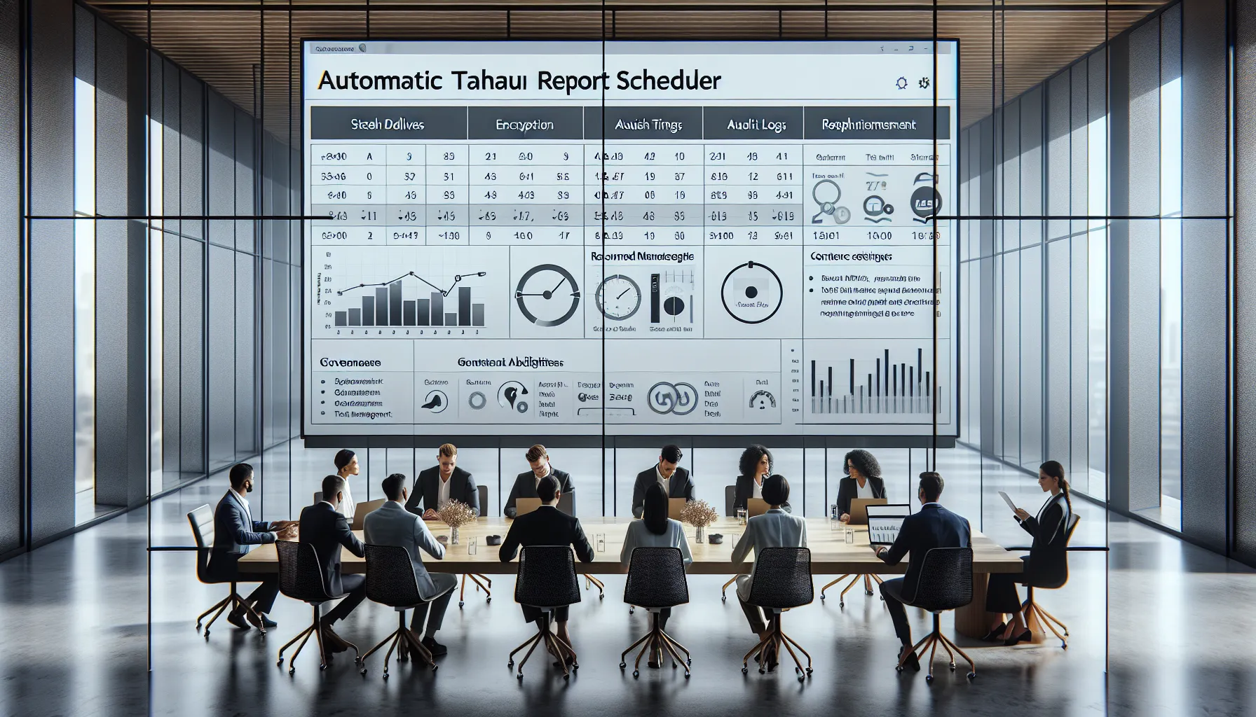 Diverse analytics team reviewing an automated Tableau report scheduling dashboard in a modern office.