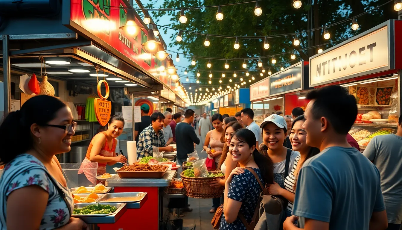 diverse group enjoying street food at a vibrant market.