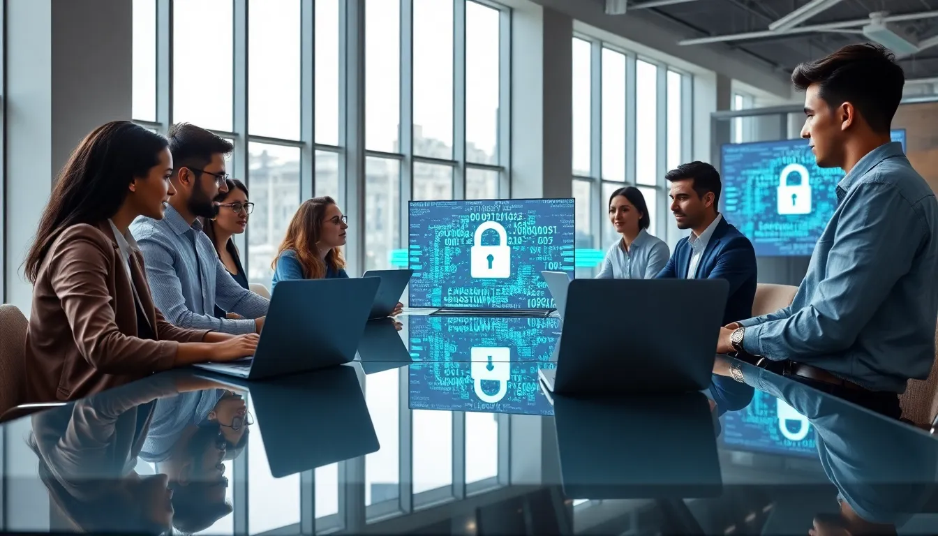 diverse team discussing Bitclassic encryption in a modern office.