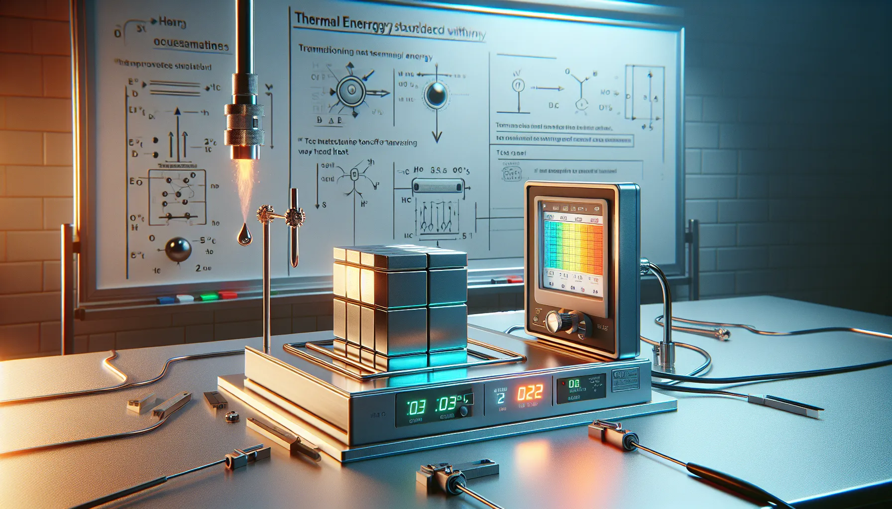 A lab setup showing heat transfer and thermal energy measurement devices.