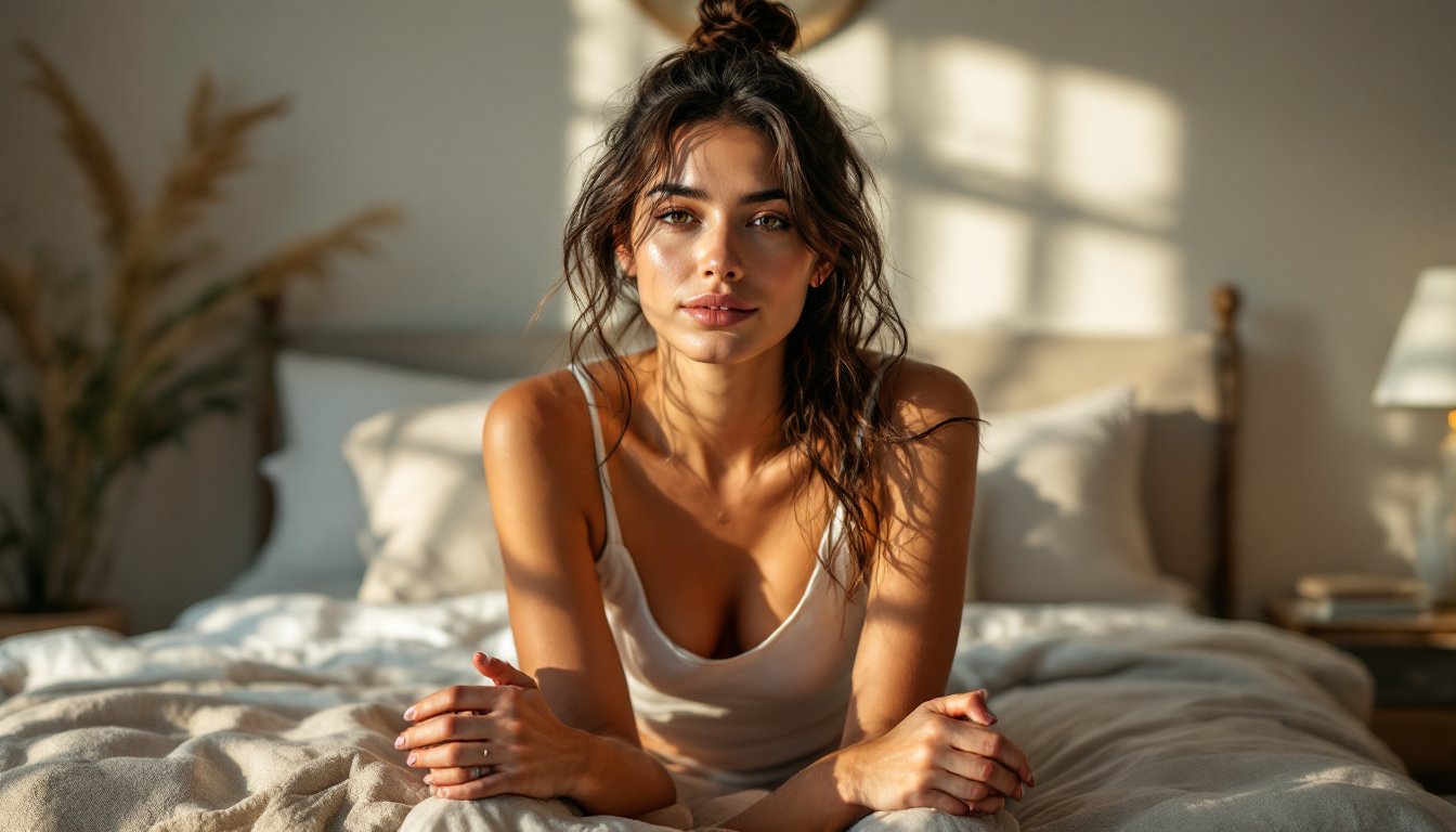 Woman drinking warm water from a copper cup in a sunlit morning bedroom.