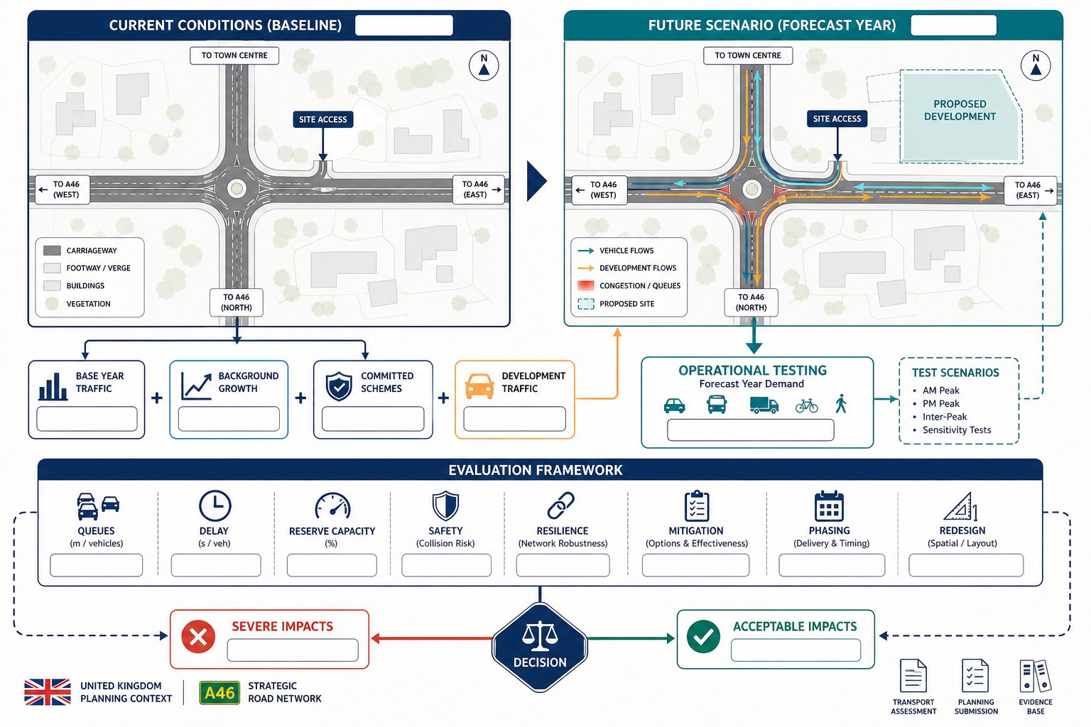 Infographic comparing baseline and development traffic capacity at a UK junction.