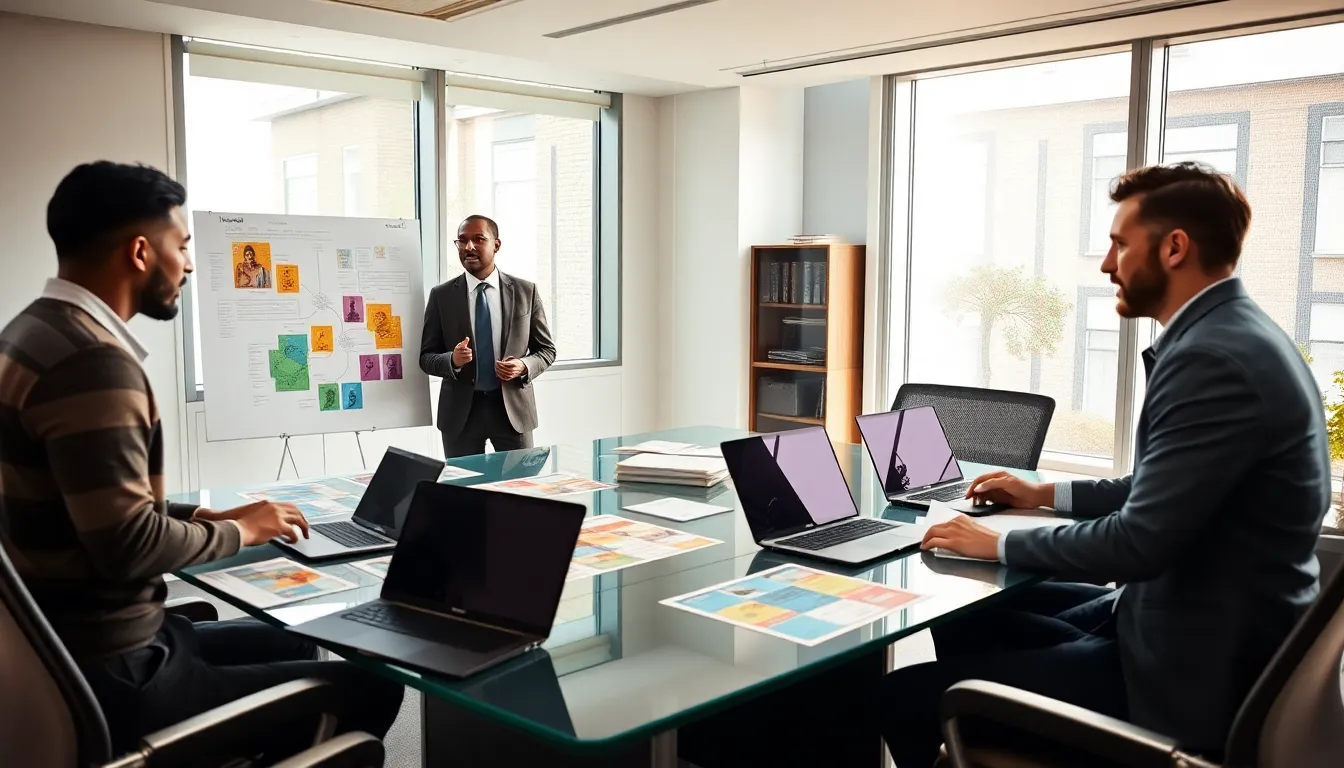 gaming professionals collaborating on strategy guides in a modern office.