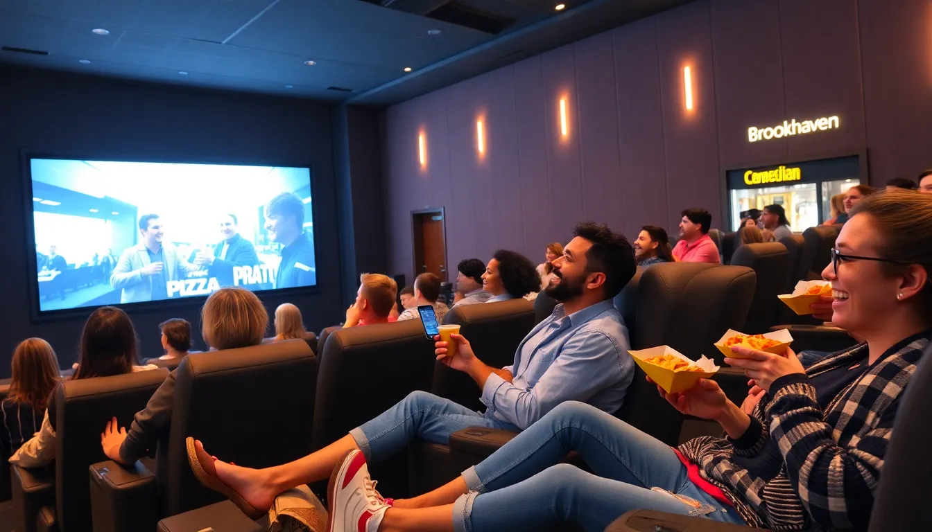 diverse patrons enjoying a movie in a modern Brookhaven theater.