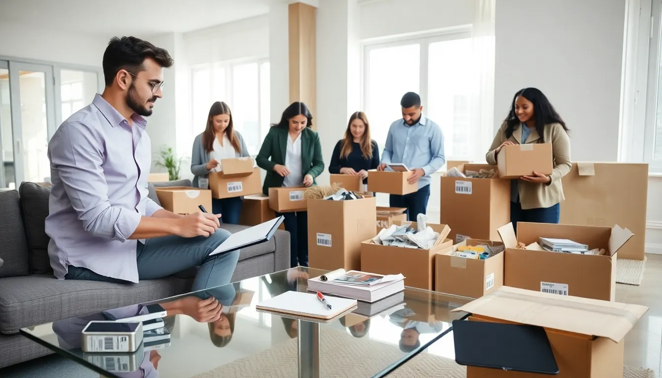 a diverse team preparing for moving day in a modern living room.