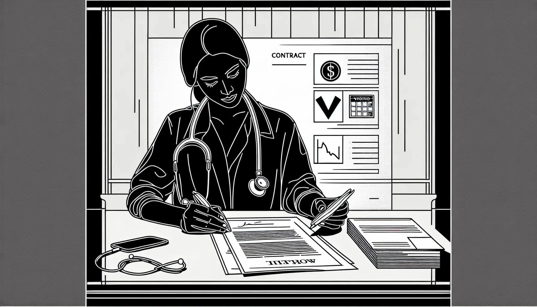 Veterinarian reviewing a contract with checklist, magnifying glass, and icons.