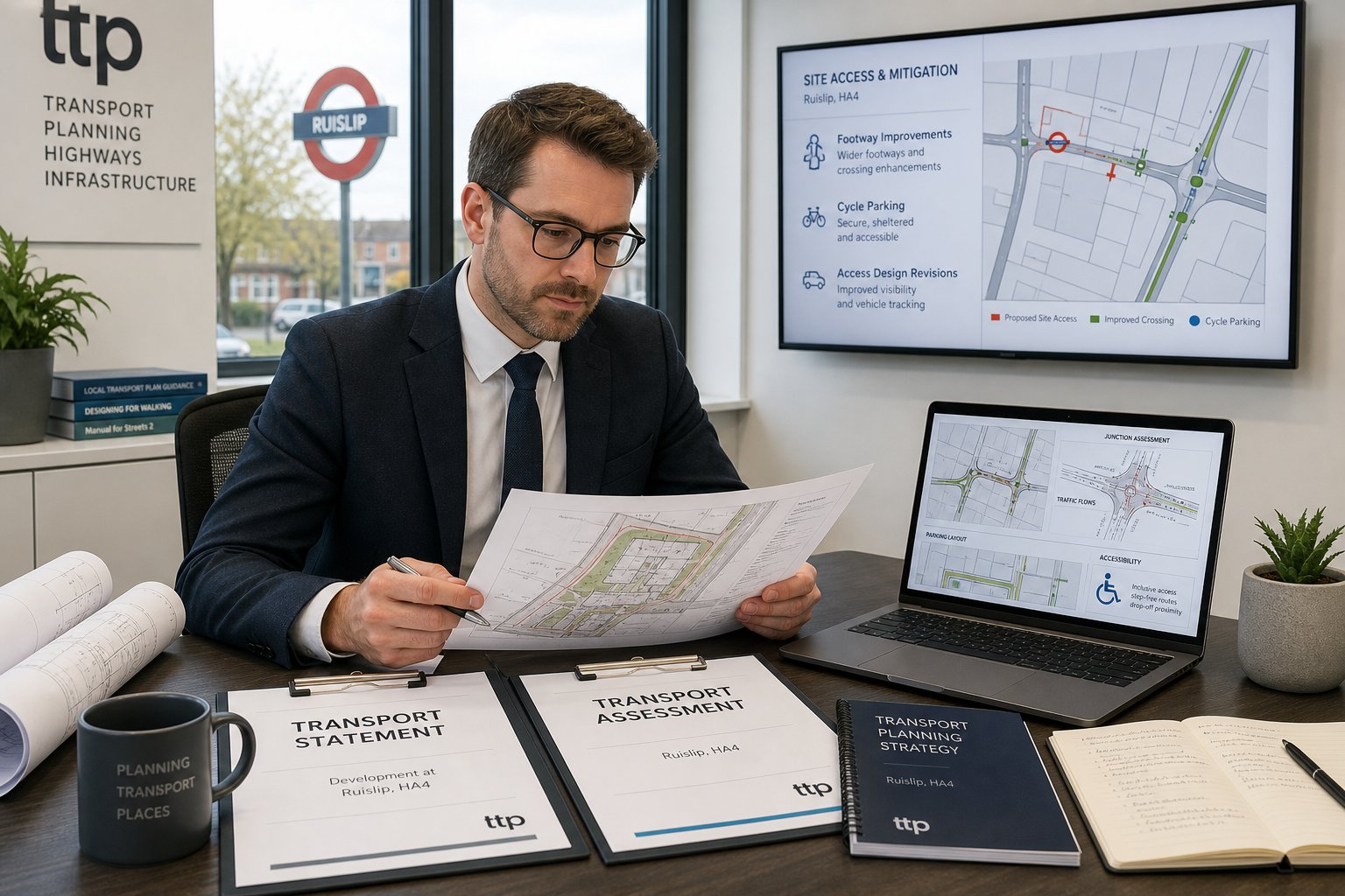 Traffic engineer reviewing transport assessment plans in a modern UK office.