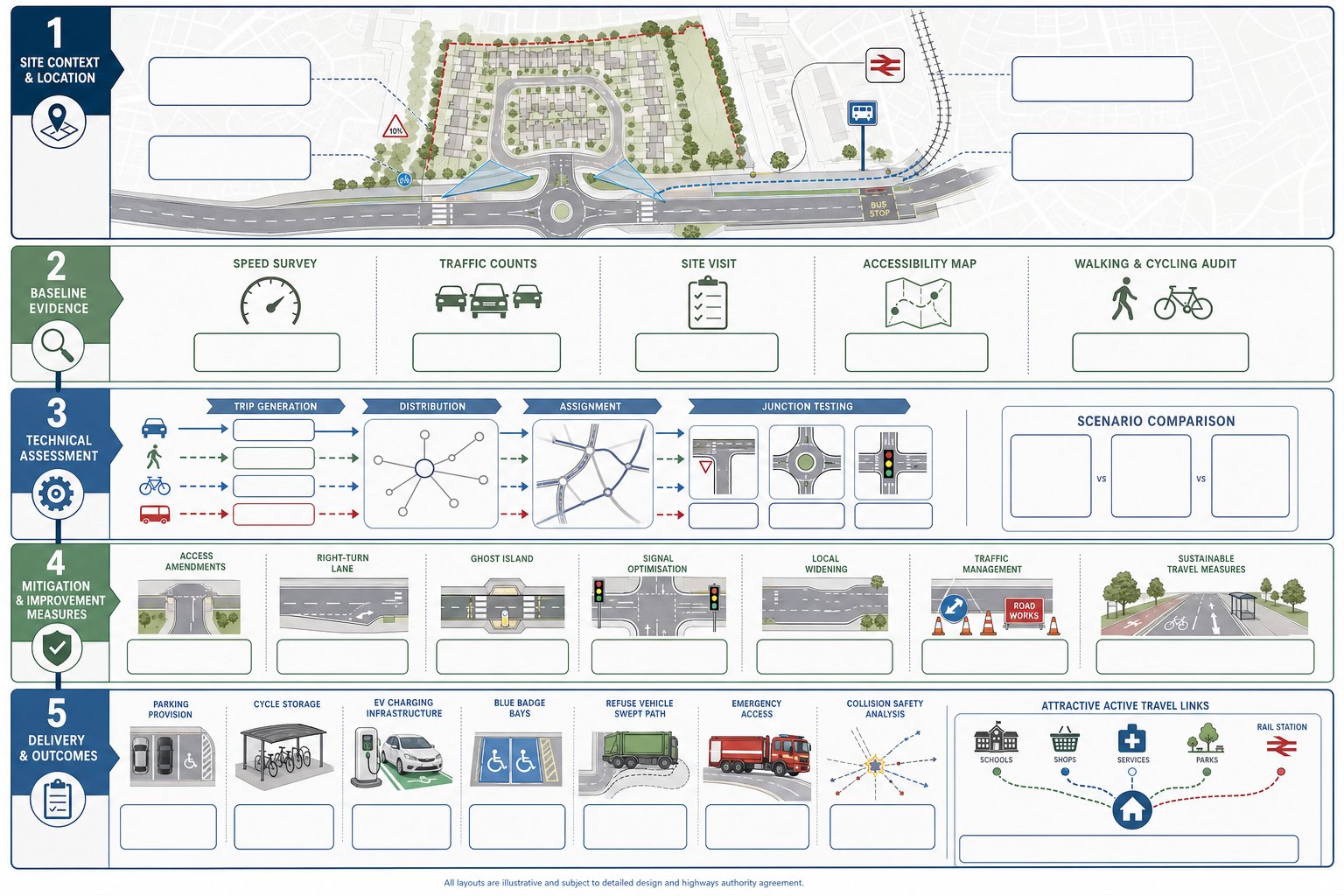 infographic showing key parts of a residential transport assessment in the UK