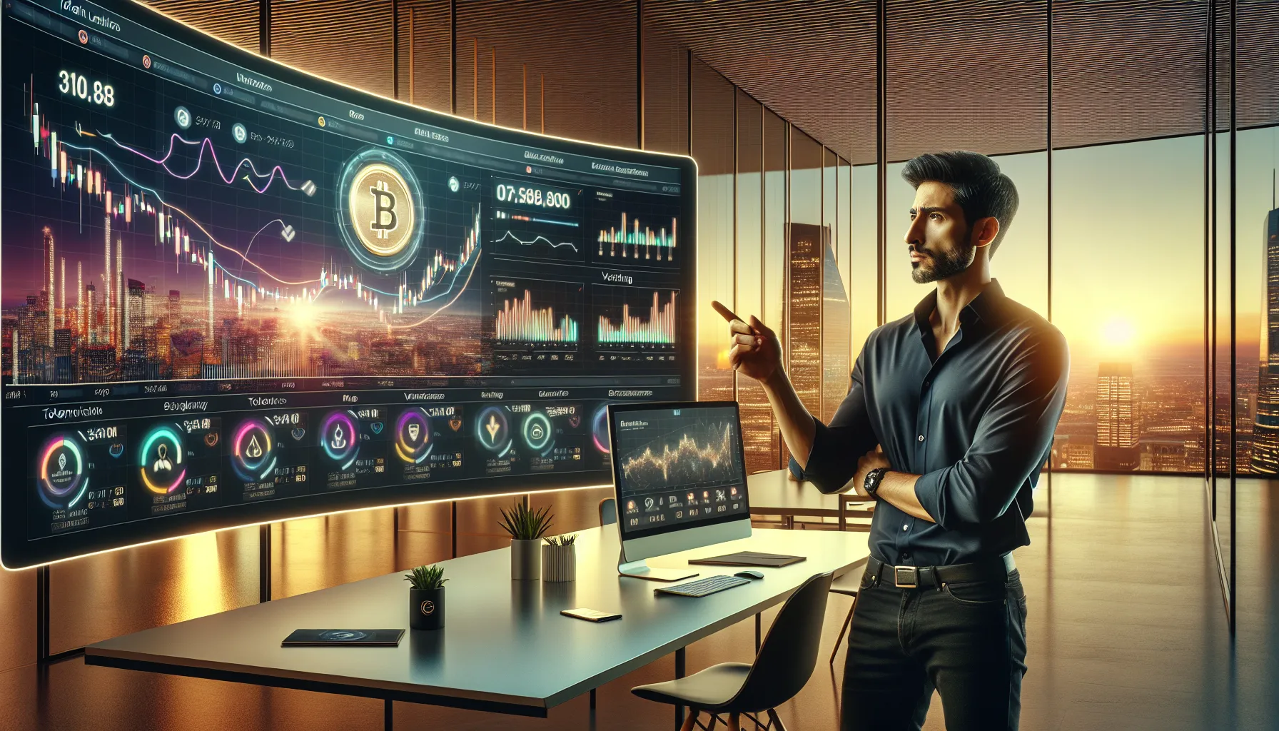 New Token Launches: Your Complete Guide 1 Cryptocurrency entrepreneur analyzing token launch charts on monitor in modern office at dusk.