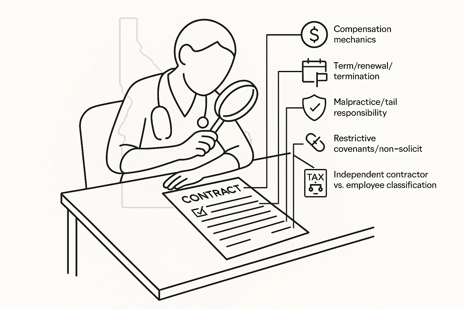 Nurse practitioner examining a contract with icons for key clauses and Idaho outline of Idaho Nurse Practitioner Contract Review.