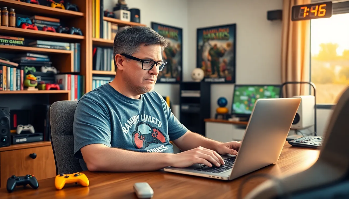 Larry working at his home office, surrounded by gaming memorabilia and guides.