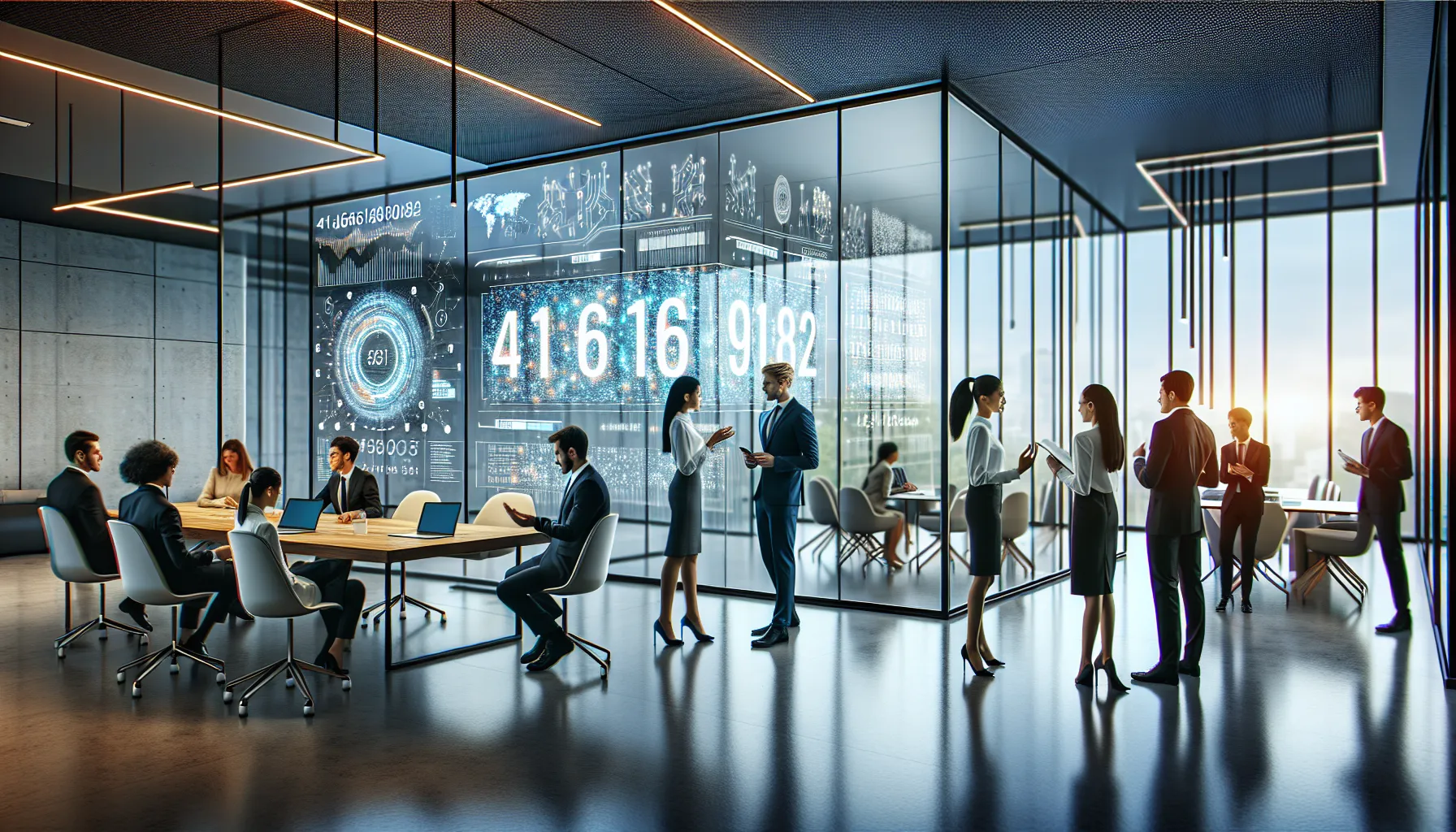 professionals discussing technology applications in a modern office.