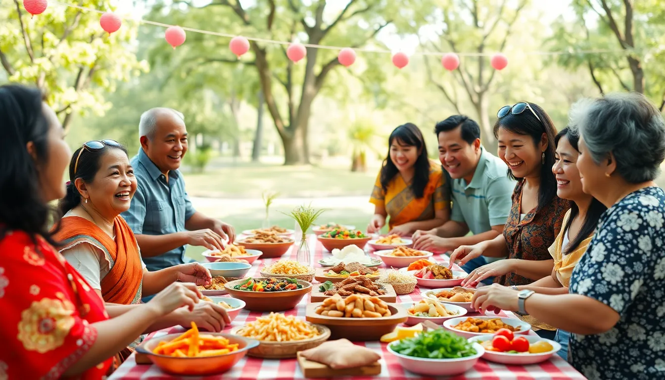 Filipino family reunion in a park with traditional food and joyful interactions.