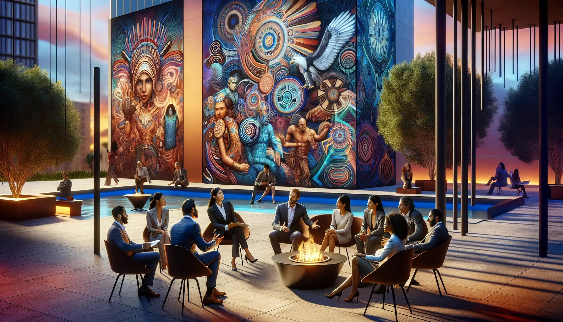 diverse professionals gathered around a fire discussing dhxhqpf.