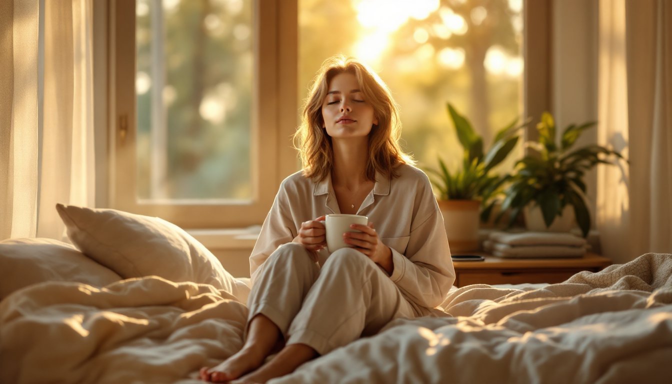 A woman sits on her bed at sunrise sipping warm water, phone face-down nearby.