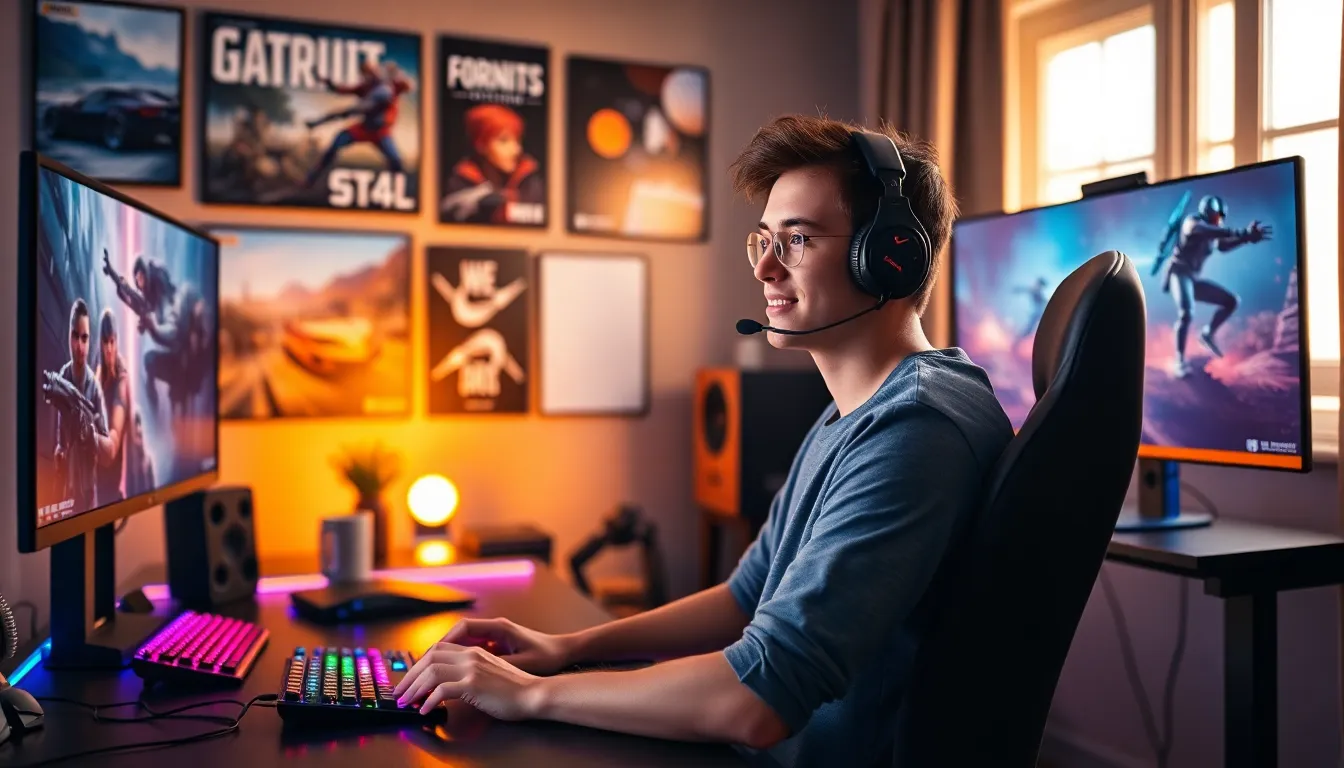 gamer in a modern home office with vibrant gaming setup.