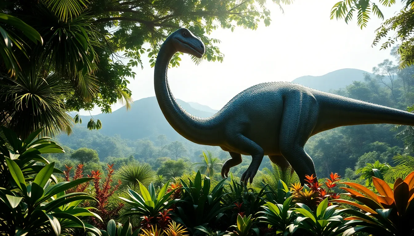 Therizinosaurus in a lush jungle, grazing peacefully.