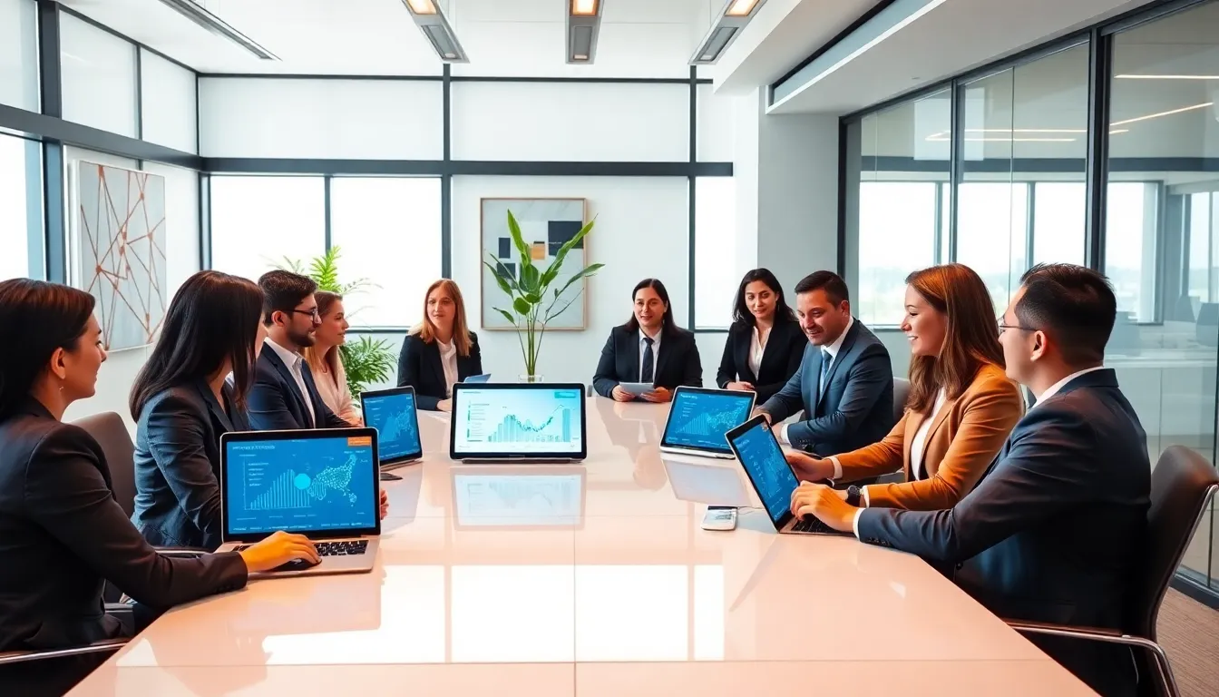 diverse team discussing blockchain technology in a modern office.