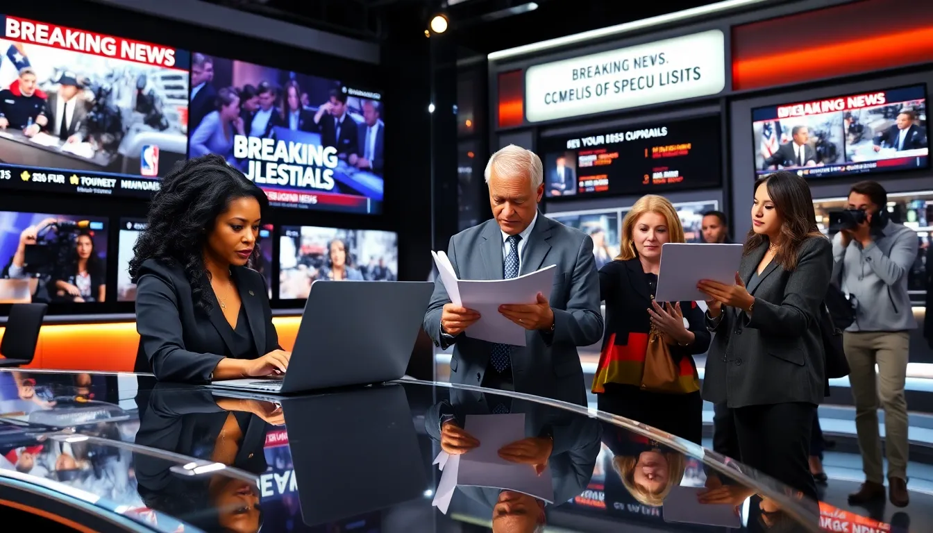 diverse journalists in a busy newsroom reporting breaking news.