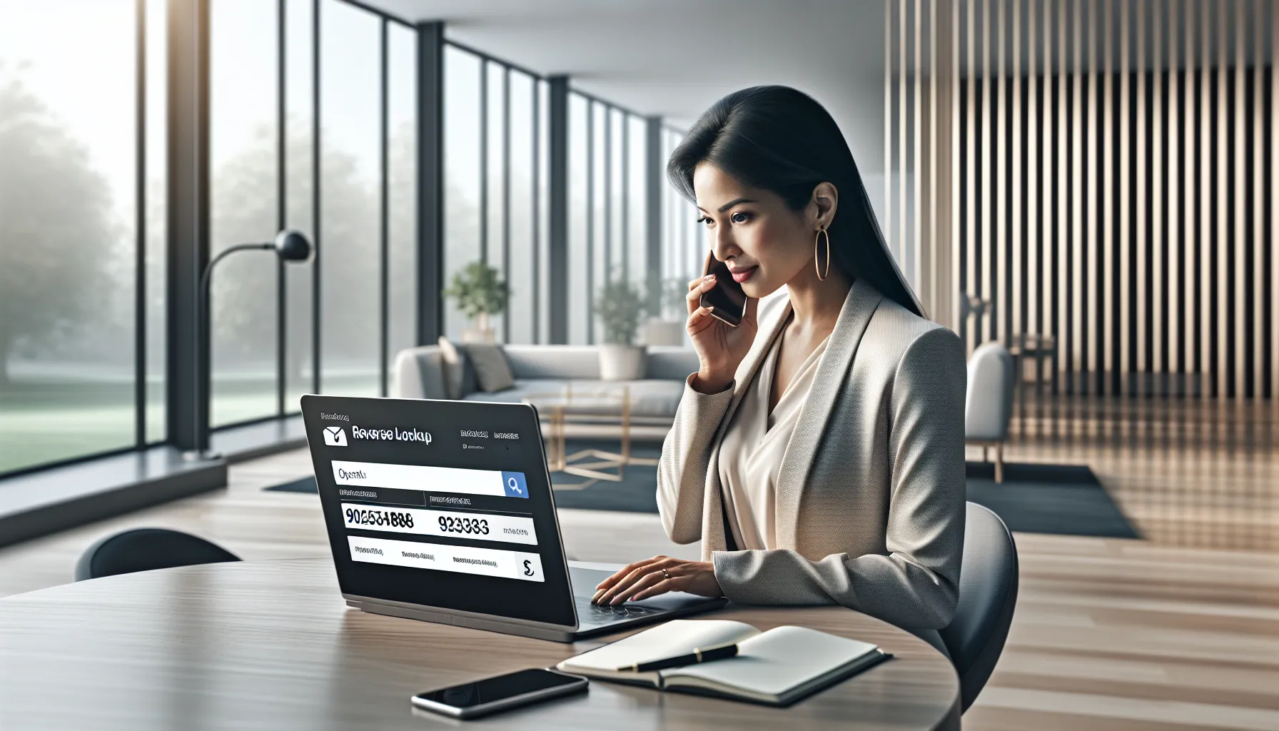 A professional researching a phone number in a modern office.