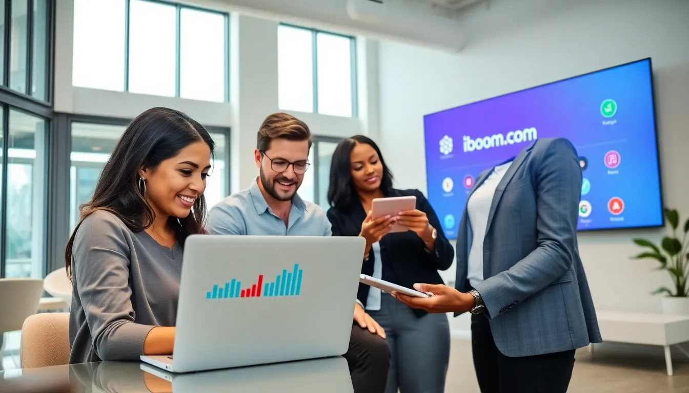 professionals collaborating in a modern office using digital devices.