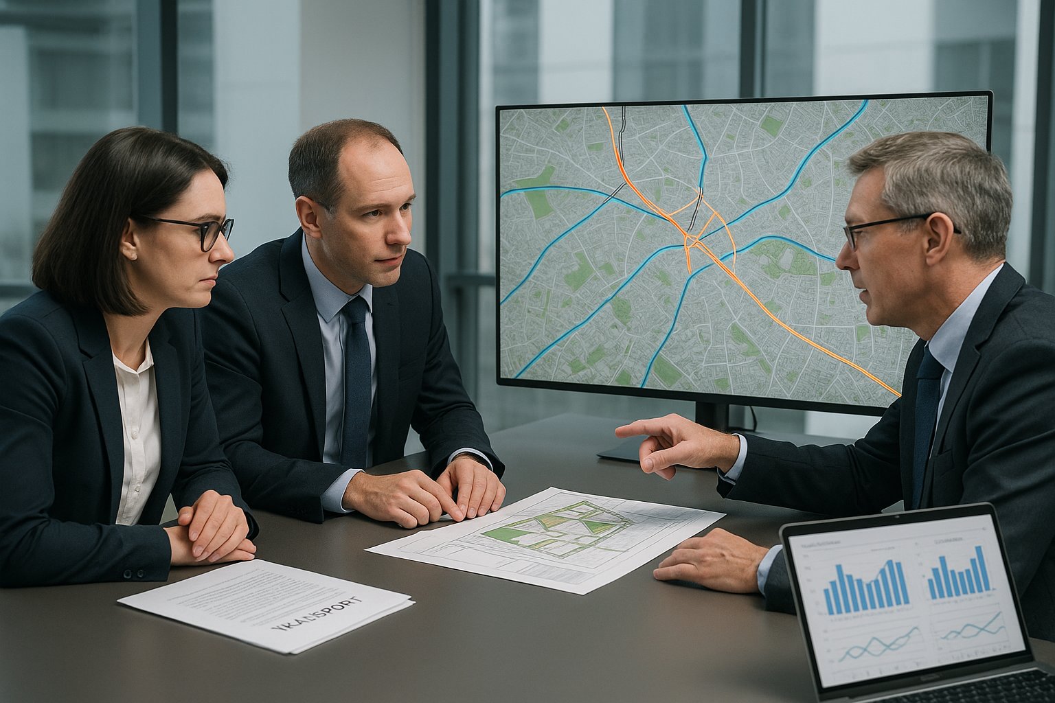 Consultants reviewing transport impact maps and planning documents in a modern office.
