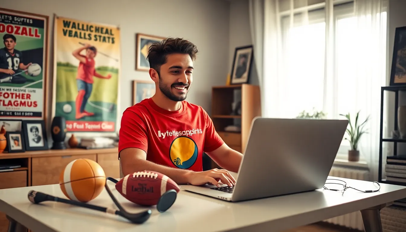 A sports fan enjoying football and golf articles at their desk.