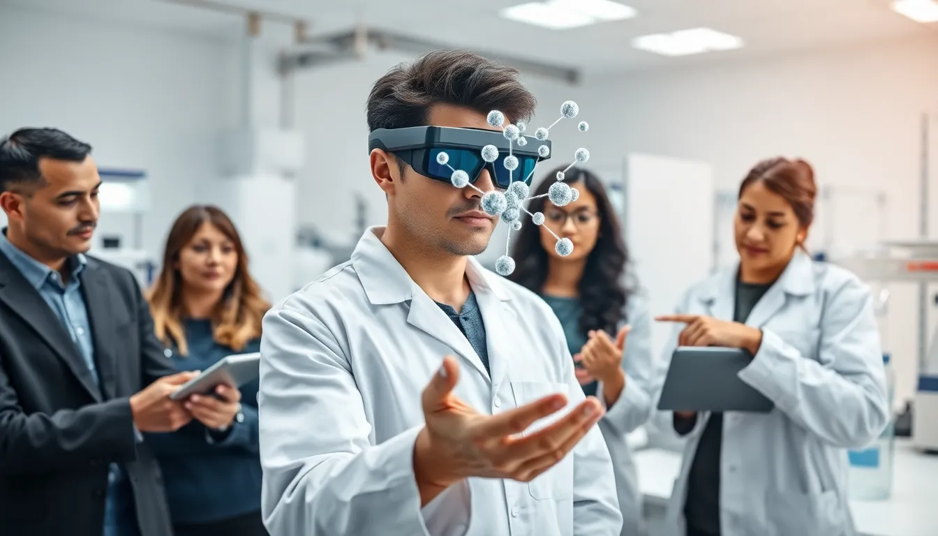 Pharmaceutical professionals using augmented reality technology in a modern lab.