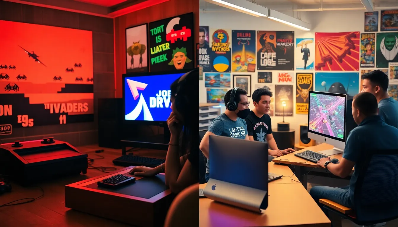 a retro and modern gaming setup showing the evolution of game development.