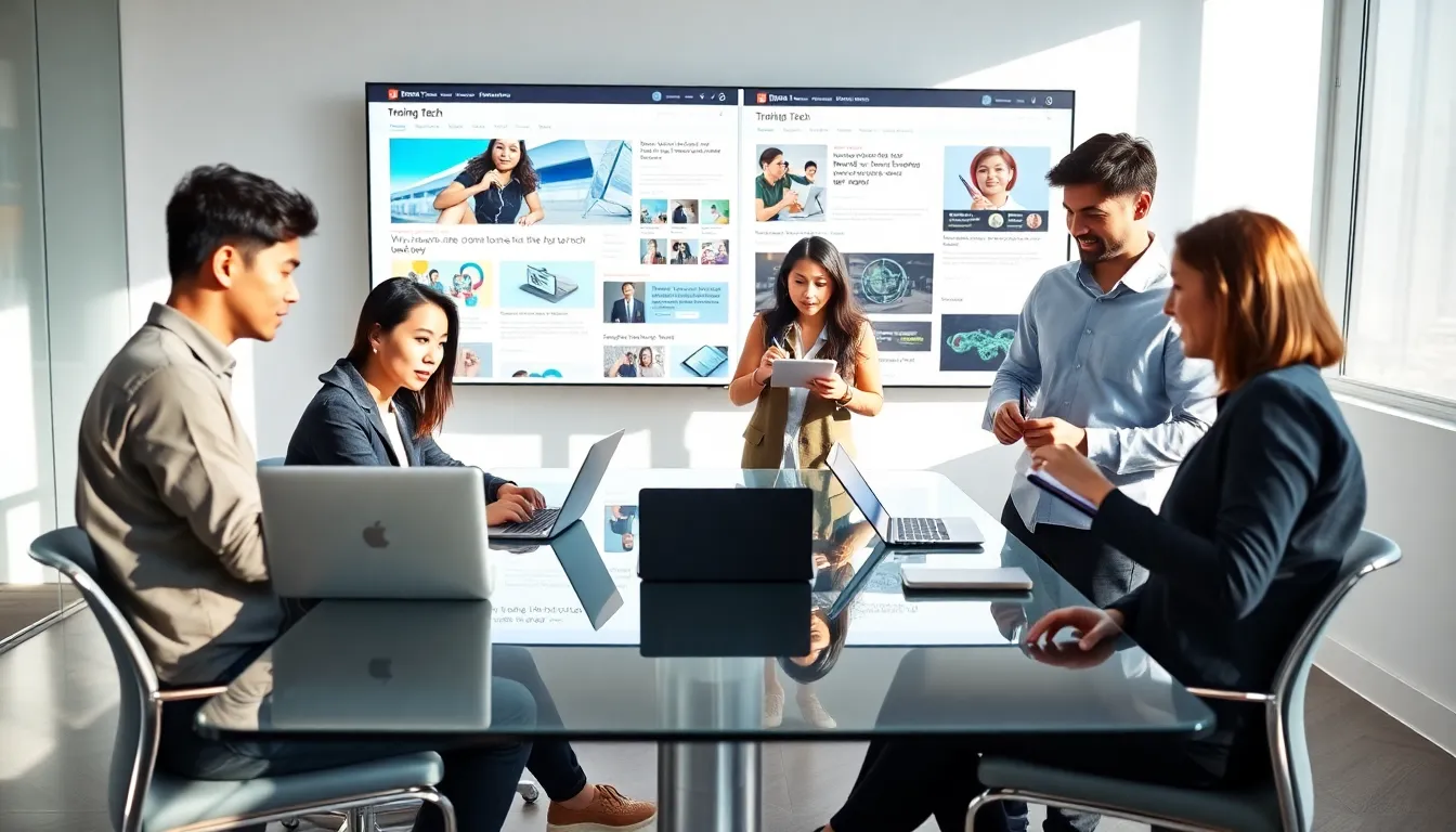 diverse group discussing technology in a modern office setting.