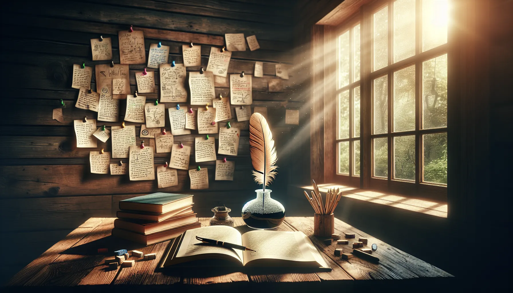 A study desk with an open book, notes, and a creative setup near a sunlit window.