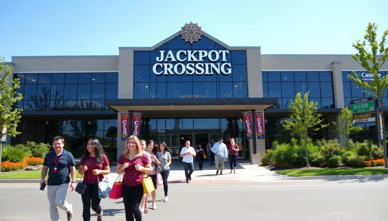 modern exterior of Jackpot Crossing Casino with diverse visitors.