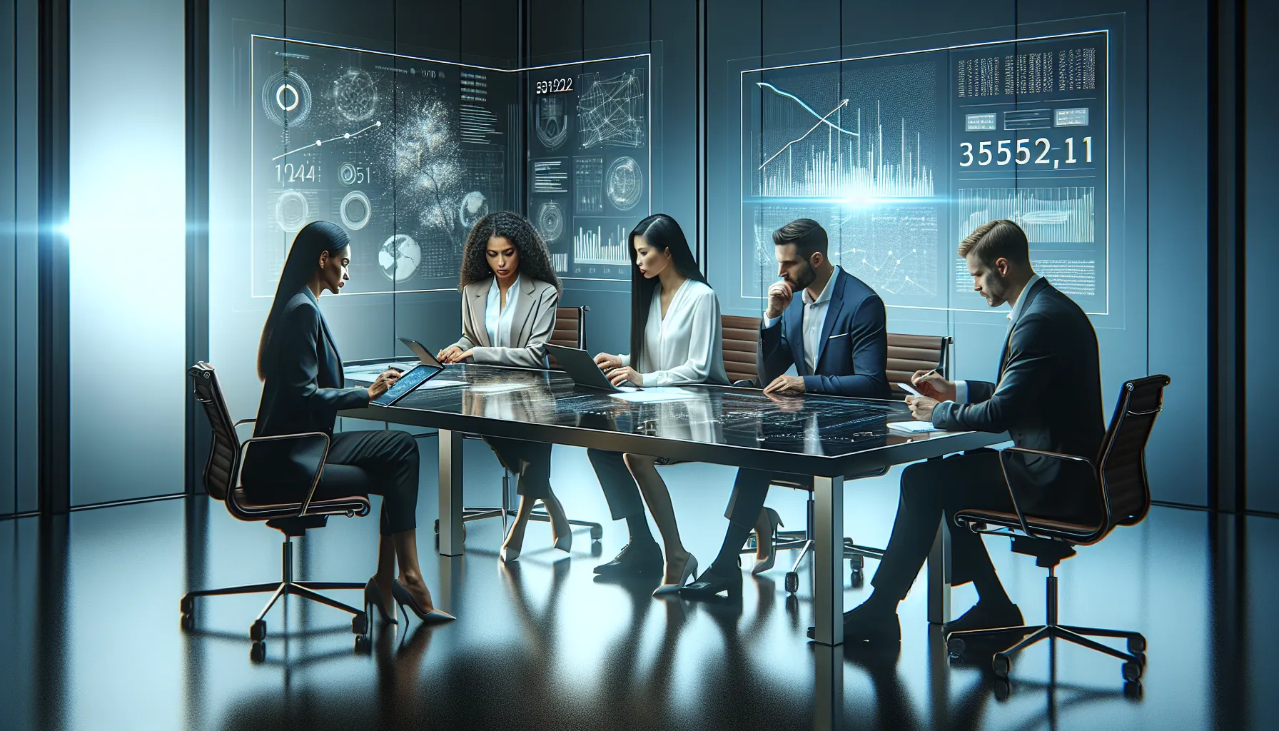 diverse team analyzing numeric data in a modern conference room.