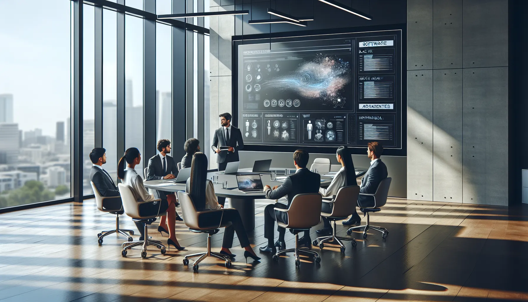 team collaborating in a modern office on software solutions.