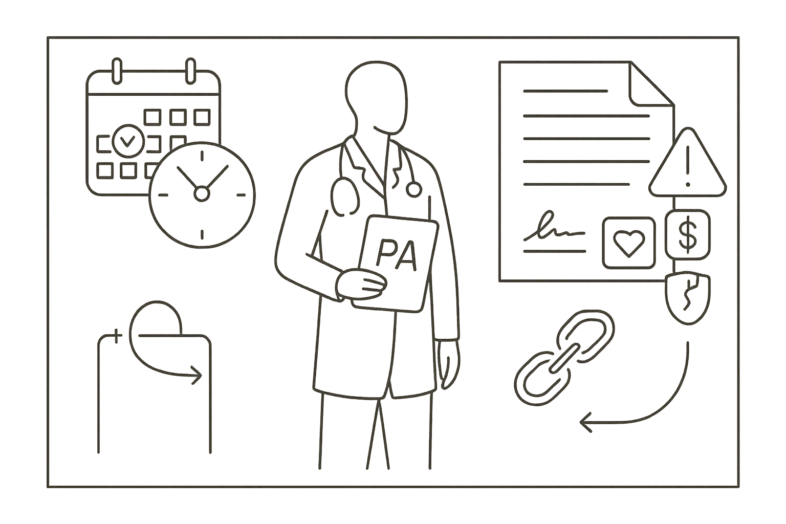 Physician assistant between a calendar and a risky contract with icons.