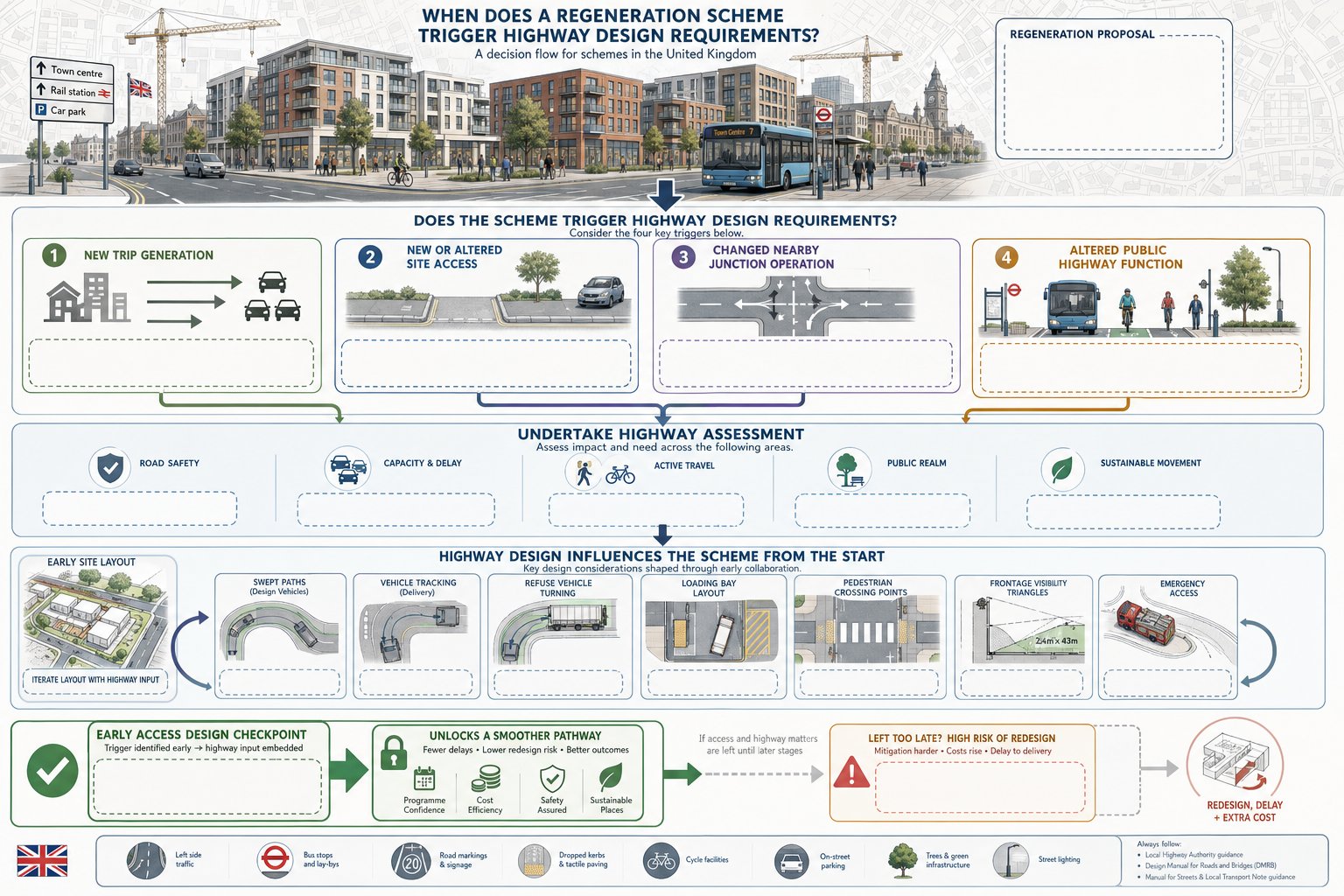 Flowchart of regeneration schemes triggering highway design checks in the UK.