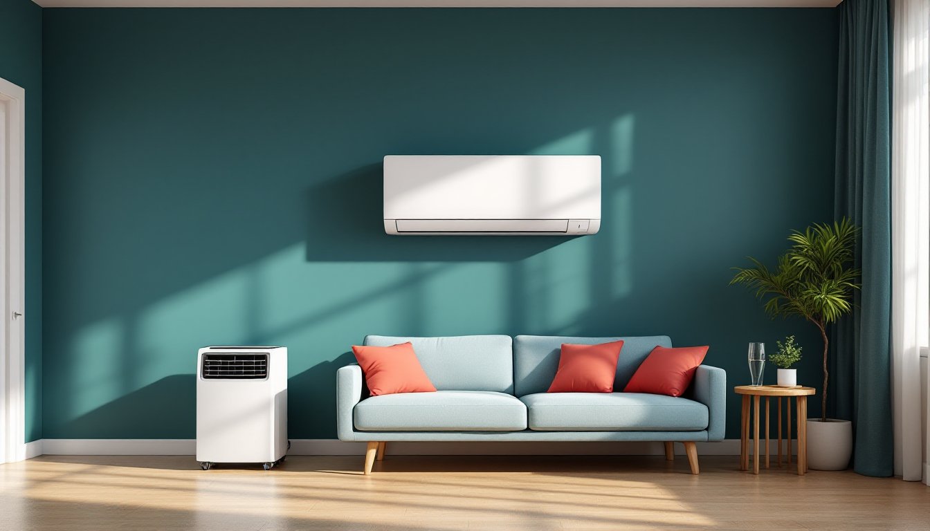 A modern German apartment showing both a split AC unit and a portable monoblock air conditioner side by side.