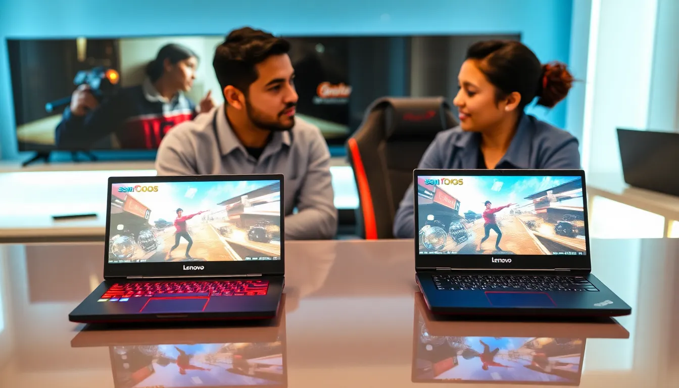 two gaming handhelds displayed on a modern desk with professionals discussing.