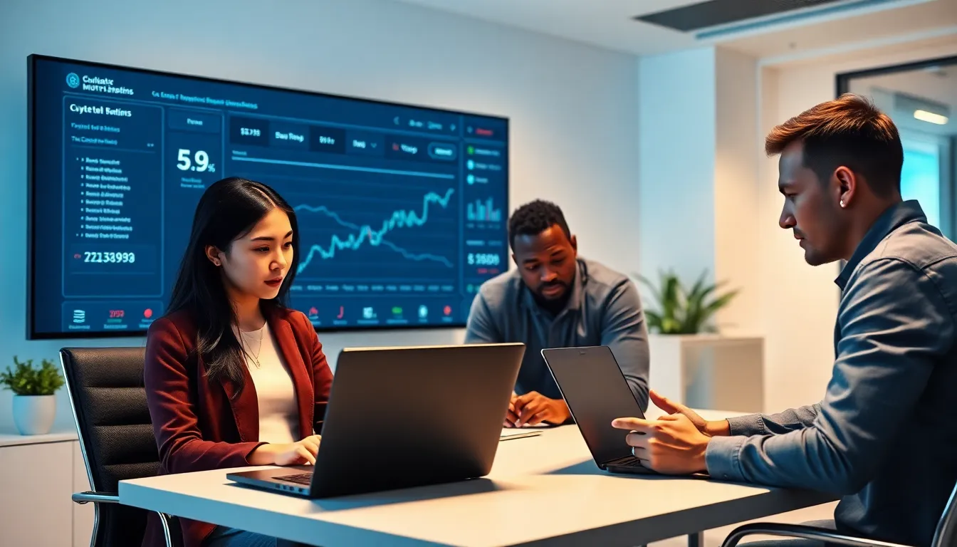 diverse professionals collaborating on cryptocurrency trading in a modern office.