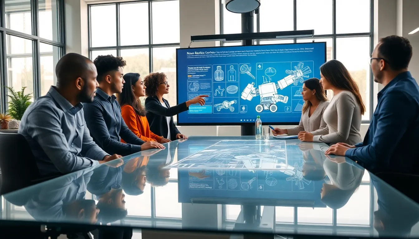diverse team collaborating in a modern office about robotics innovations.