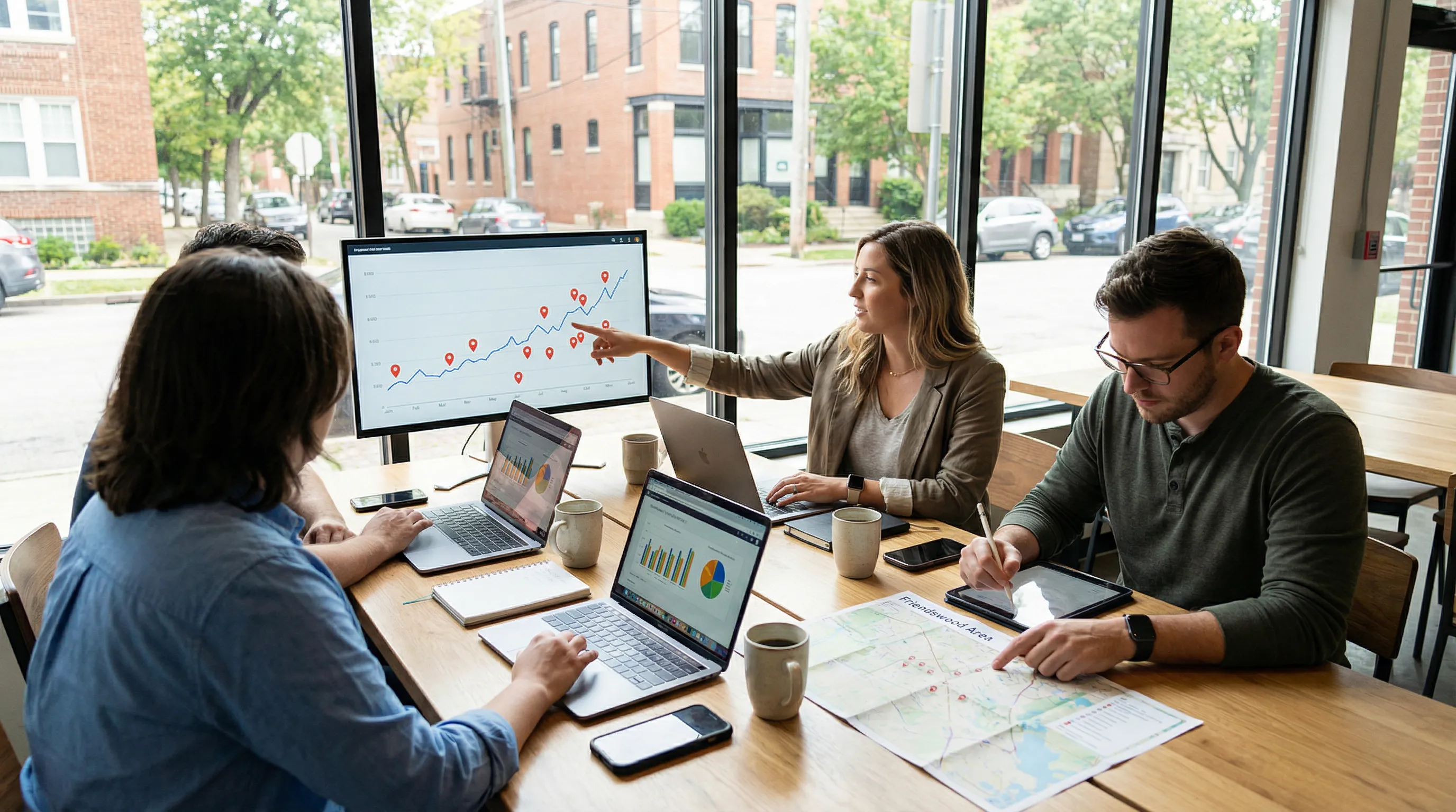 Digital marketing team in a modern office reviewing SEO analytics and a map of the Friendswood area, collaborating around a desk with laptops and charts in natural light.