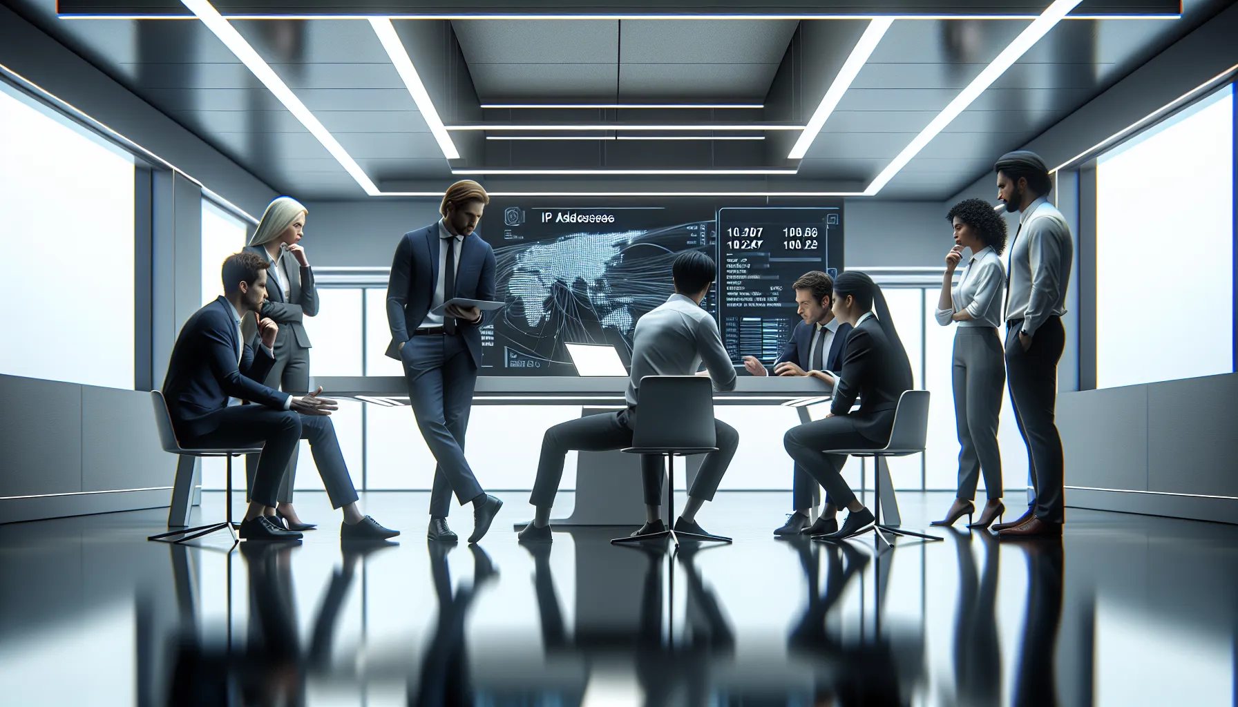IT professionals analyzing IP addresses in a modern workspace.