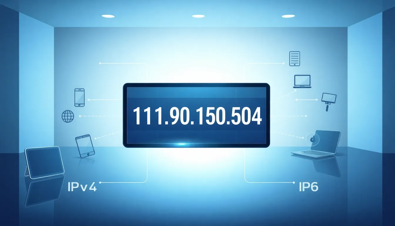 Illustration of an IP address with connected devices in a modern digital workspace.