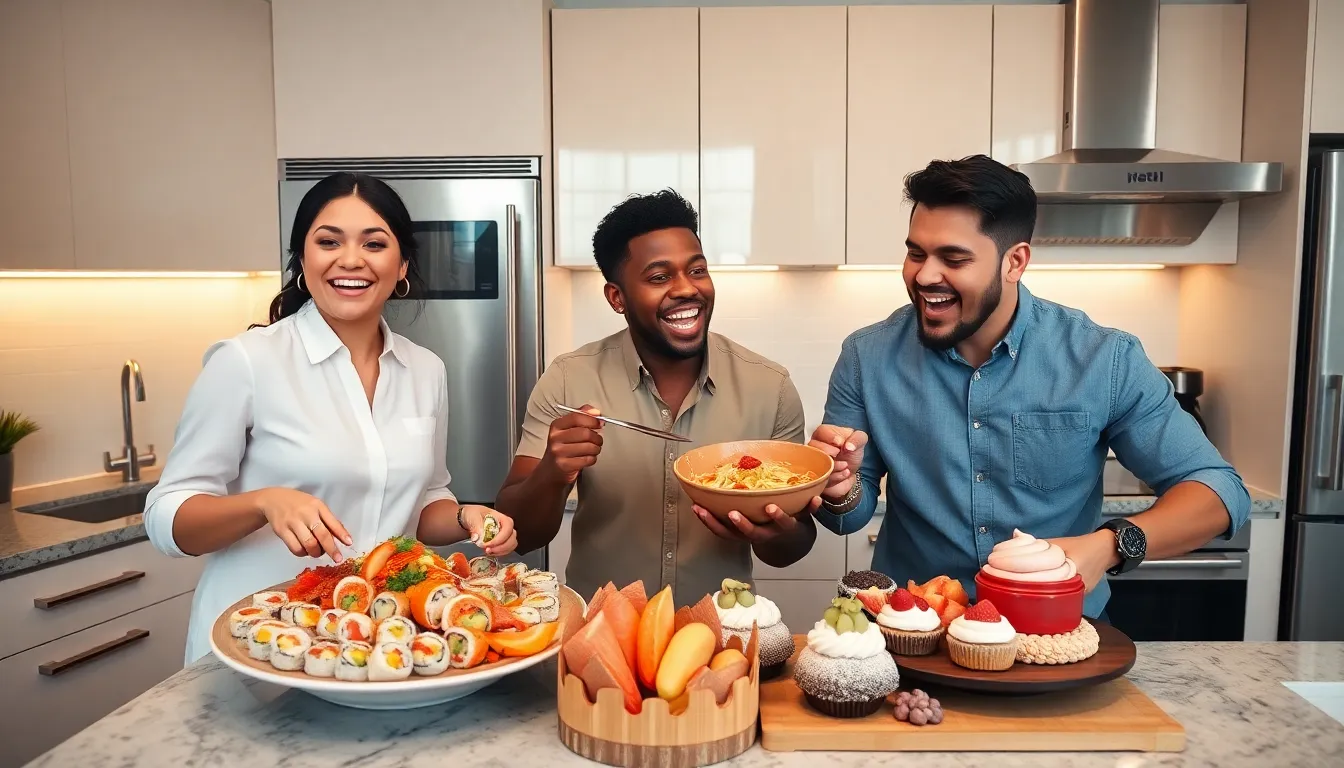 diverse group of YouTubers hosting a dpankbang in a stylish kitchen.